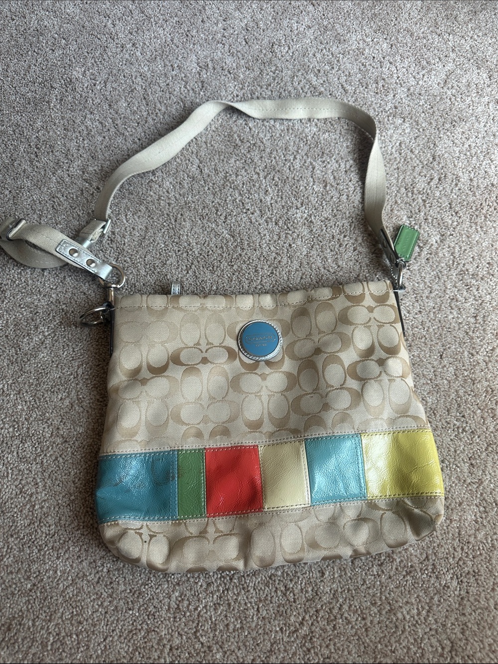 Coach Beige Signature Crossbody w Multicolor Leather Stripe Accents color block